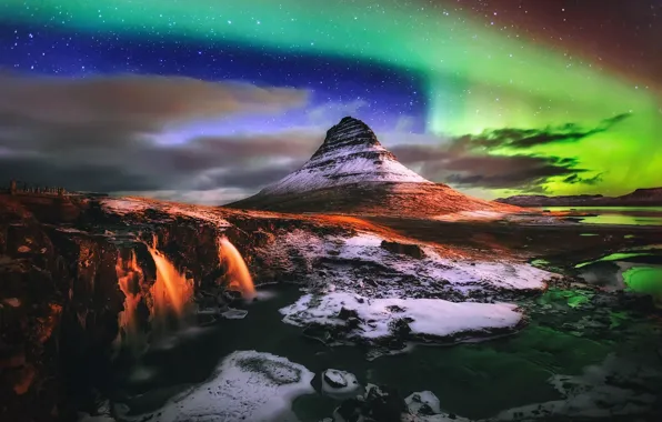 Light, night, Northern lights, waterfalls, Iceland, mountain Kirkjufell