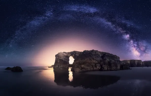 Sea, the sky, night, rocks, arch, the milky way