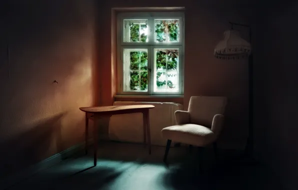 Picture table, chair, window