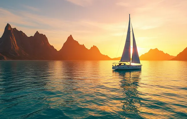 The sky, water, sunset, mountains, Wallpaper, sailboat, art, wallpaper