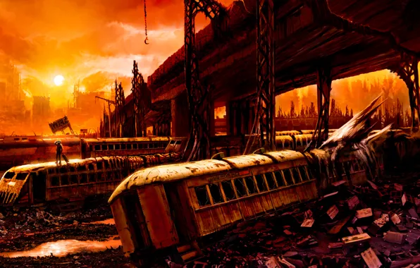 Picture bridge, Apocalypse, train, the car, ruins, Romantically Apocalyptic