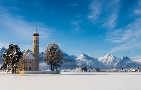 Picture winter, trees, mountains, Germany, Bayern, Alps, Church, Germany