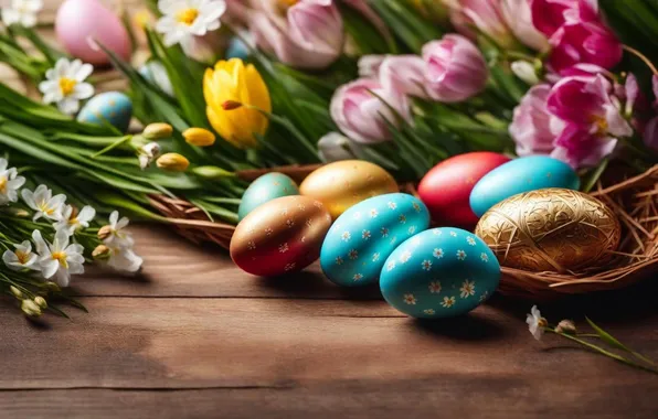 Flowers, eggs, spring, colorful, Easter, flowers, spring, Easter