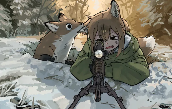 Girl, weapons, Fox, Anime, Anime, optical sight, on the hunt, Anime girls