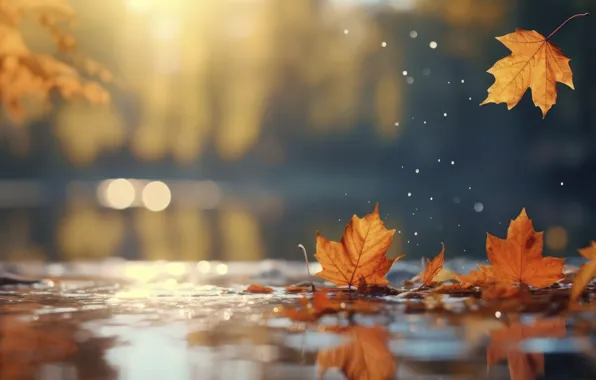 Autumn, leaves, Park, puddles, forest, park, autumn, leaves
