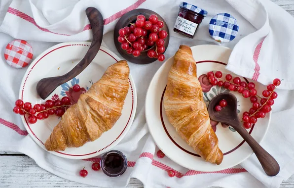 Red, berries, Breakfast, currants, jam, bagel, croissant, jam