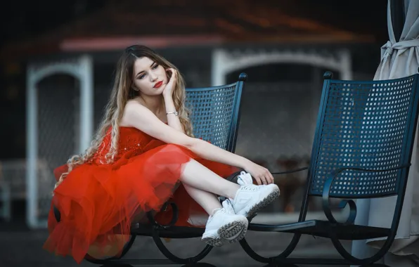Wallpaper girl, pose, mood, hands, red dress, long hair, sneakers
