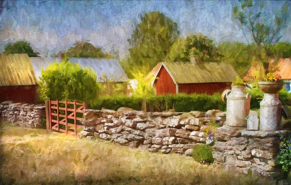 Trees, the fence, gate, village, art, houses, painting, stone
