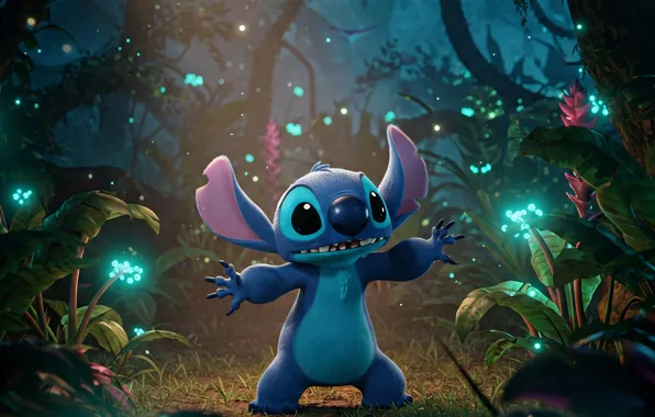Forest, trees, night, pose, lights, alien, character, alien