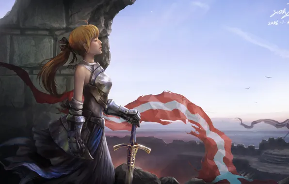 Picture girl, face, sword, armor, profile, flags, fortress, fantasy