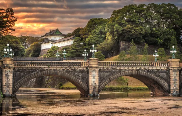 The sky, clouds, trees, sunset, bridge, river, the evening, Japan