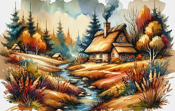 Field, autumn, forest, clouds, trees, house, stream, house