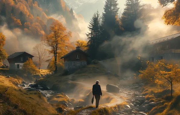 Autumn, forest, light, trees, mountains, fog, stream, stones