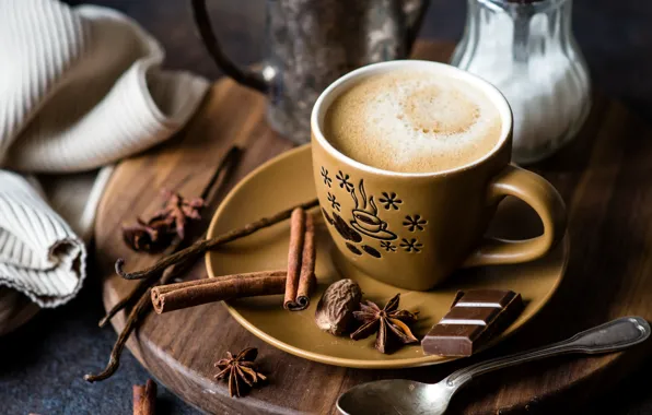 Picture coffee, chocolate, Cup, cinnamon, vanilla, star anise