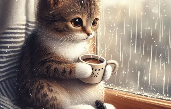Cat, look, glass, pose, kitty, rain, figure, window