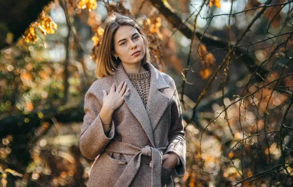 Autumn, forest, girl, coat, photoshoot