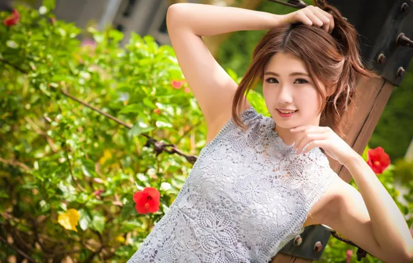 Look, the sun, flowers, pose, model, portrait, hands, makeup