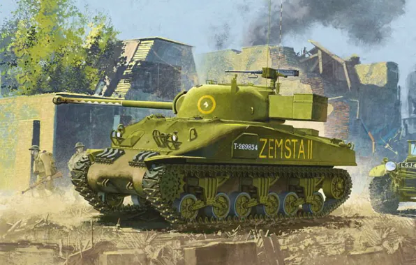 Picture war, art, painting, tank, ww2, Sherman Firefly