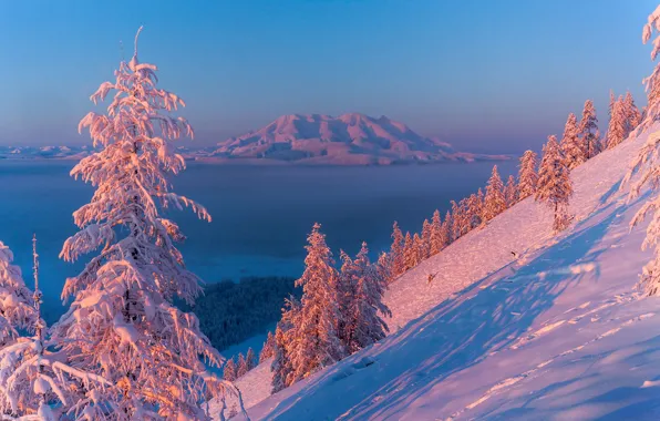Winter, mountains, lake, dawn, shadow, Vladimir Ryabkov