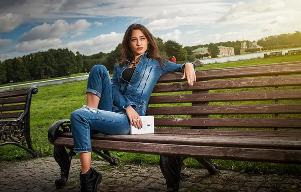 Long hair, woman, young, beautiful, model, suit, denim