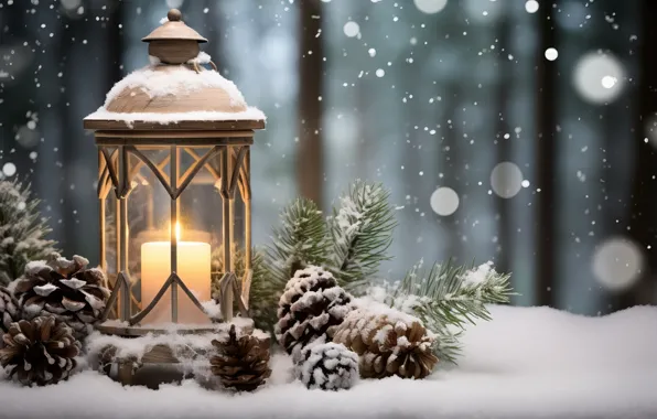 Winter, snow, decoration, New Year, Christmas, lantern, light, new year