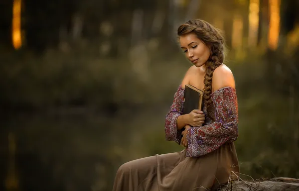 Look, girl, pose, book, sitting, shoulders, Masha, Alex Darash