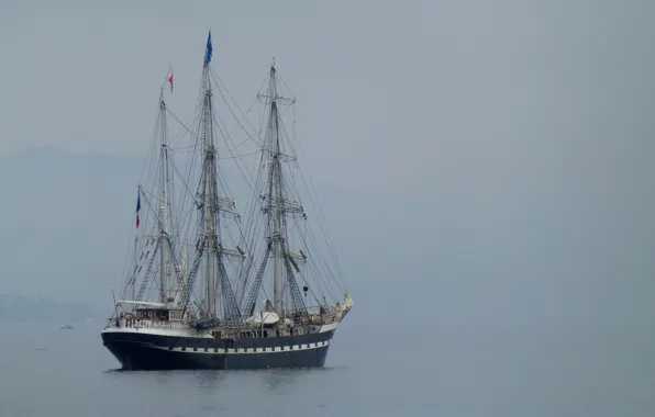 Sea, France, ship, sailboat, haze, Antibes