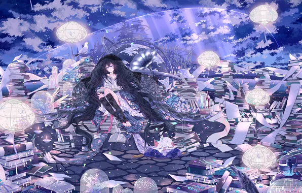 The sky, cat, girl, clouds, light, lake, bird, pillow