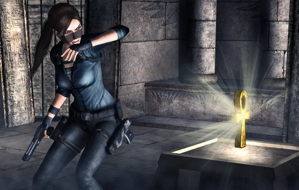 Picture girl, light, weapons, guns, the game, temple, Lara Croft, Tomb raider