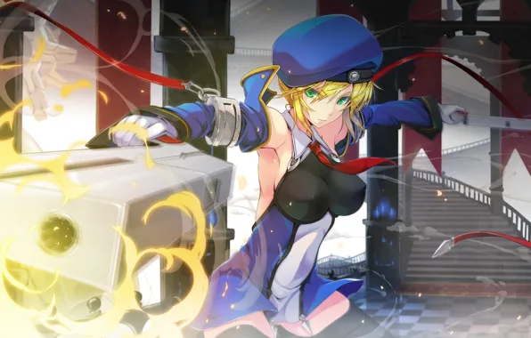 Picture girl, weapons, shot, blonde, tie, tape, revolver, blazblue