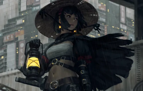 Girl, sword, fantasy, rain, hat, katana, samurai, digital art