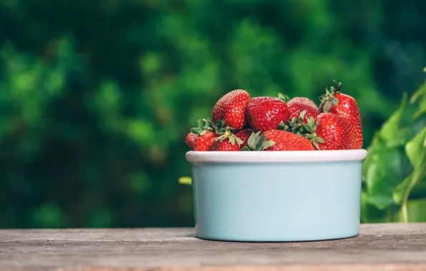 Berries, table, food, strawberry, Cup, bowl, green background