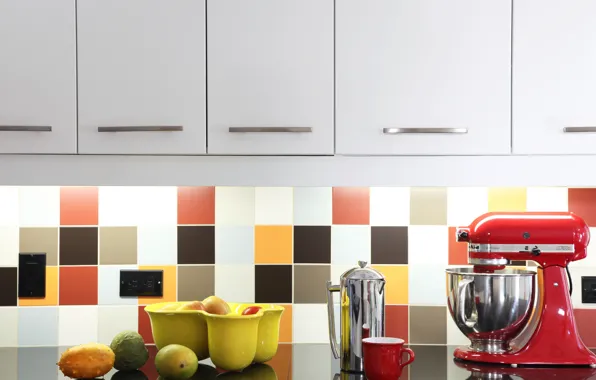 Picture tile, fruit, kitchen, outlet, cabinets, mixer