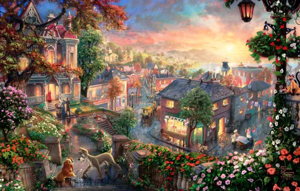 Picture love, sunset, flowers, the city, cats, heart, cartoon, home