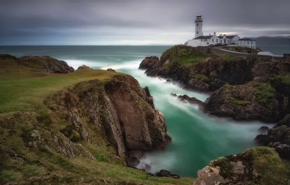 Sea, clouds, overcast, rocks, shore, lighthouse