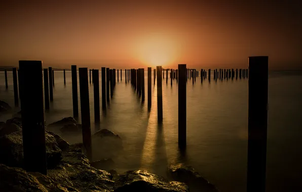 Picture sea, sunset, shore, posts