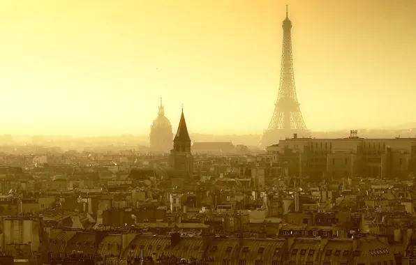 Picture city, light, Paris, France, sun, fog, houses, sunrise