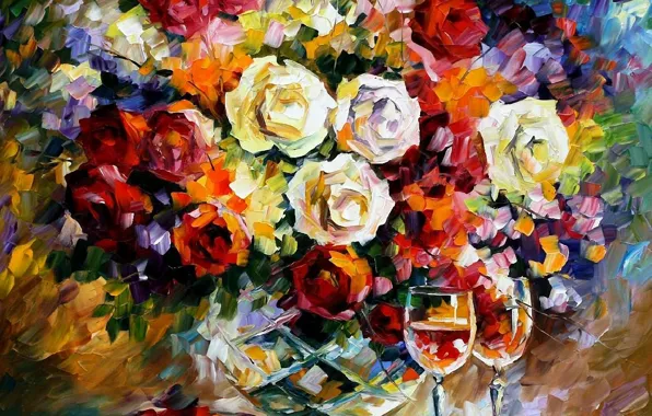 Figure, roses, bouquet, glasses, oil