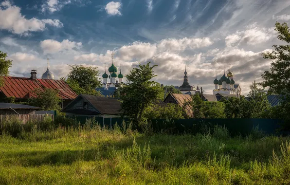 Picture the sky, clouds, nature, Church, houses, Yaroslavl oblast, Rostov