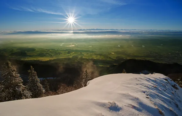 Winter, the sun, snow, valley, haze