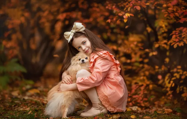 Picture autumn, look, mood, dog, friendship, girl, bow, friends