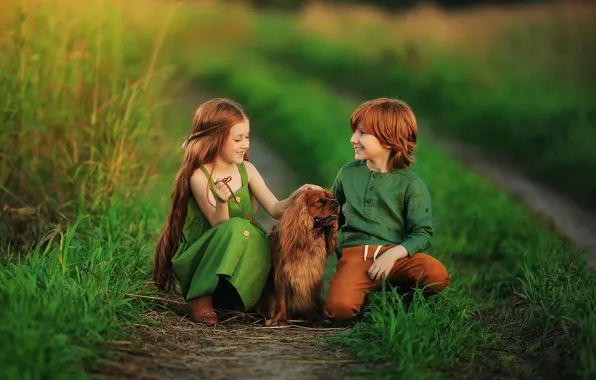 Picture children, dog, boy, friendship, girl, red, friends, redhead