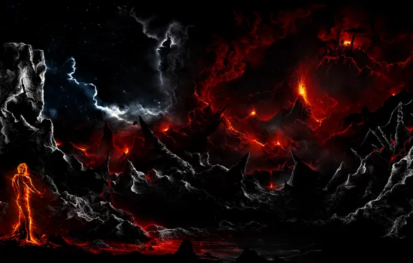 Clouds, rocks, fire, dark, people, art, lava, Alberto Vangelista