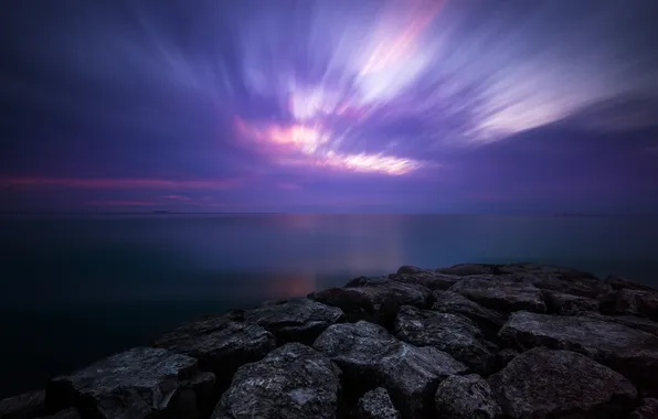 Picture sea, the sky, clouds, night, stones, rocks