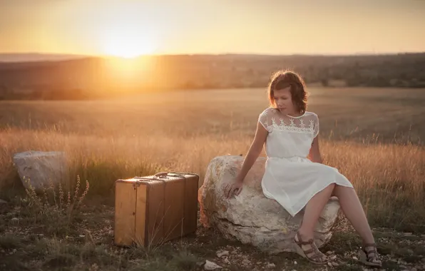 Girl, sunset, mood, suitcase