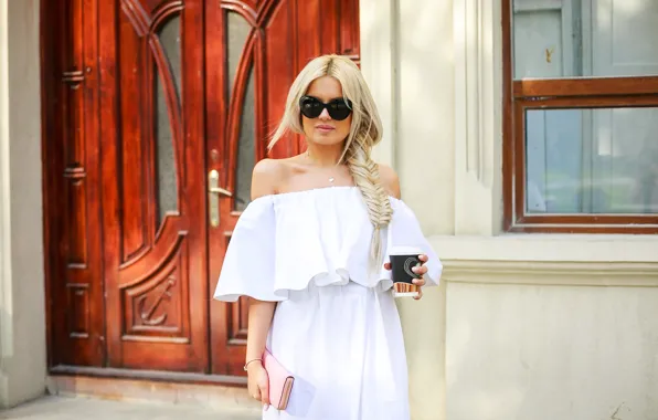 Girl, face, style, background, hair, coffee, glasses, blonde