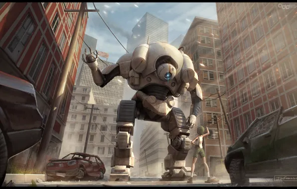 Building, robot, cars, Friendly Robot