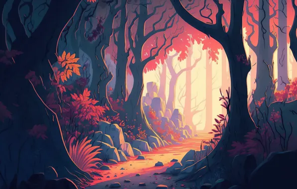 Forest, trees, stones, haze, path, rays of light, illustration, AI art