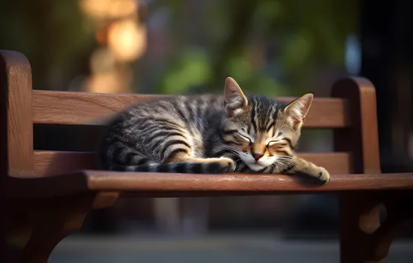 Cat, look, bench, pose, Park, kitty, grey, street