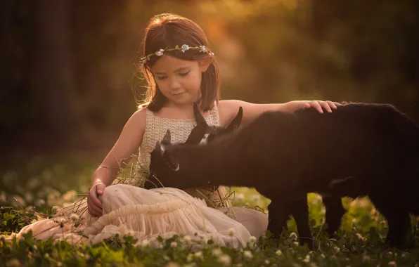Summer, light, flowers, childhood, pose, glade, spring, dress